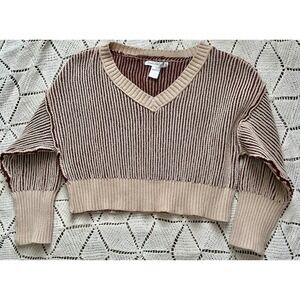 Altar'd State Cropped Chunky Ribbed Striped Knit Sweater V Neck Boho Small Women